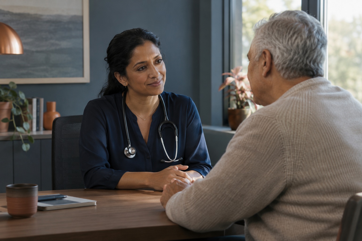 A physician listening to a patient during a consultation