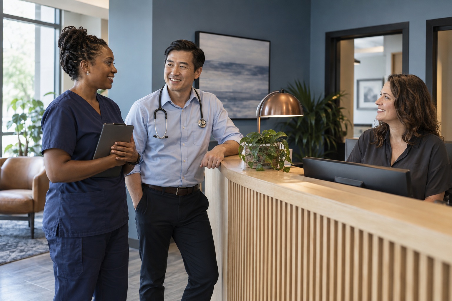 Three fictional practice team members in the reception area